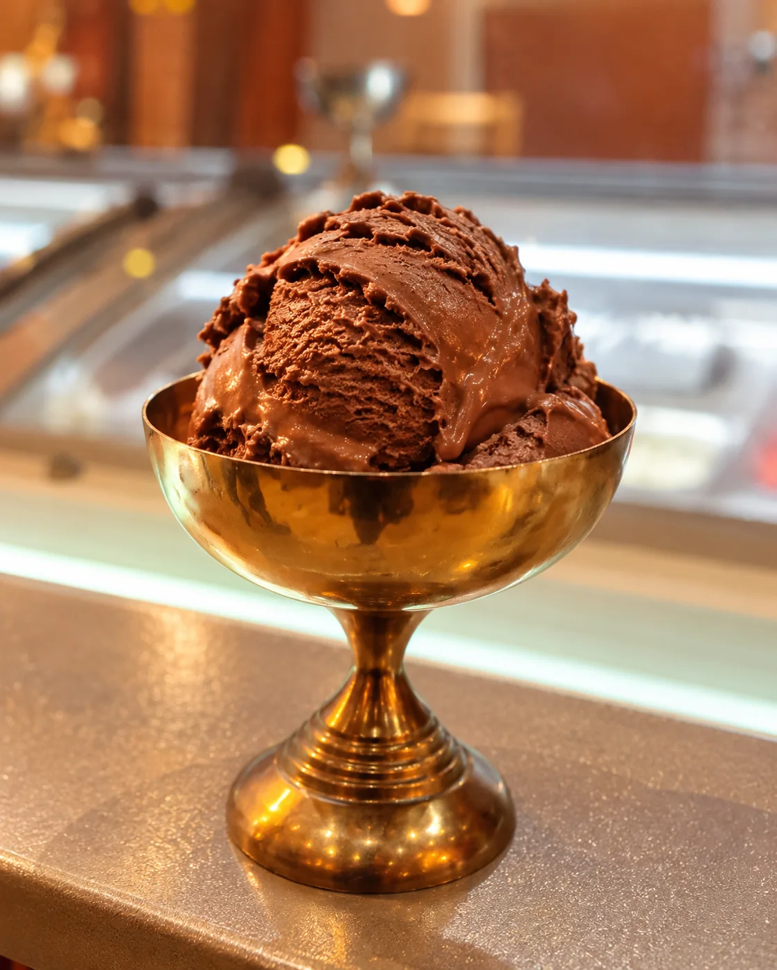 Chocolate gelato served in a brass goblet against the warm light of the restaurant